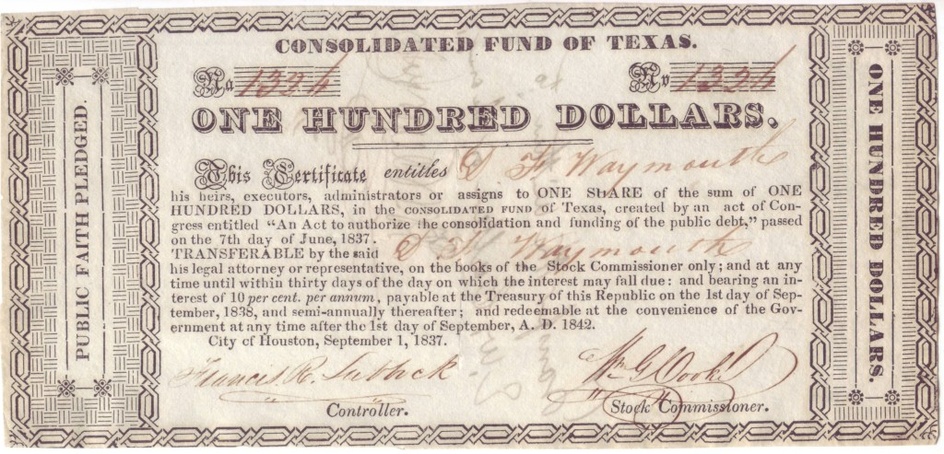 LUBBOCK, FRANCIS R. Partly-printed Document Signed, as Comptroller, stock certificate for one share...
