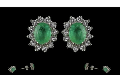 Ladies 14ct White Gold Pair of Emerald and Diamond Set Earri...