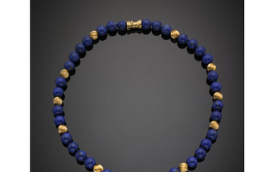 Lapis bead and yellow 14K gold grooved bead necklace, g 79.63, length cm 53.50 circa.Read more