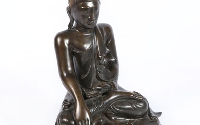 Large Burmese bronze seated Buddha figure displaying the Bhumisparsa Mudra. 16 3/4"H x 12 1/2"W