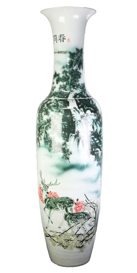 Large Chinese Porcelain Vase, featuring cranes nestled and resting on a pine tree, with deer roaming the banks of a river below, the...