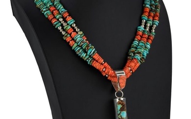 Large Navajo Multi Strand Turquoise Coral & Silver Necklace