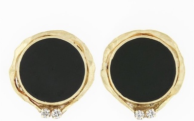 Large Vintage 14k & 22k Gold Bezel Black Onyx Diamond Earrings w/ Hammered Frame