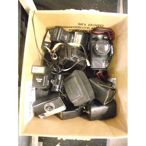 Large box of cameras and flash guns etc.