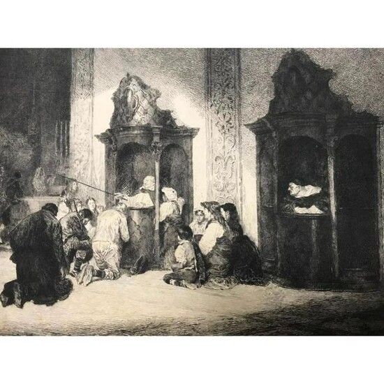 Late 19thc Etching, The Kind Confessor