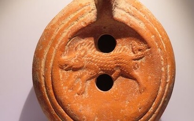 Late Roman/Early Byzantine Terracotta Oil Lamp with wild pig decoration. 12,5 cm L. Intact. Very big.