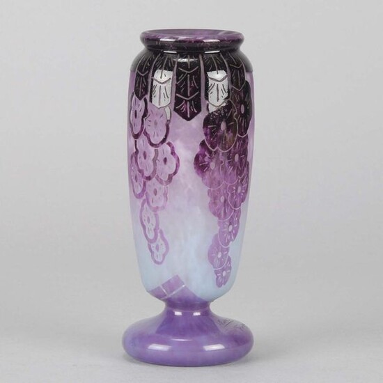 Le Verre Francais - Art Deco French cameo glass vase decorated with purple falling flowers against a fading grey to lilac field, signed Charder and Le Verre Francais. Circa 1925 - Height 17 cm.