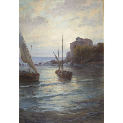 Leonardo Roda ( Racconigi 1868 - Torino 1933 ) , "Marina" olio su tela (cm 101x70) Firmato in basso a destra Al retro: cartiglio e timbri In cornice Provenienza Saletta...