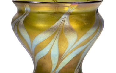 Loetz (Austrian), an iridescent Phaenomen glass vase, c.1901, PG 7801, ground out pontil, Broad open form, the bronze-coloured ground decorated with pulled and shaped bands in gold and pale blue, 12.5 cm high, 13.5 diameter, Provenance: Martins...