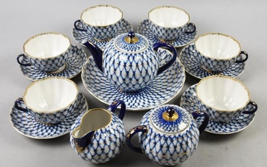 Lomonosov Russian Porcelain Cobalt Net Tea Set