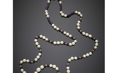 Long pearl and amethyst bead graduated necklace, with yellow gold spacers and clasp, g 45.46, length cm 84 circa.Read more