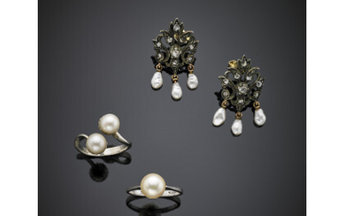 Lot comprising two pearl white gold ring, a pair of rose cut diamond and pearl yellow gold and silver earrings,…Read more