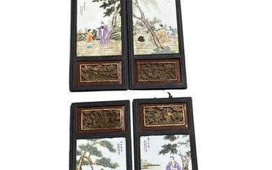 Lot of Four Antique Chinese Porcelain Plaque on Carved Gilt Frame