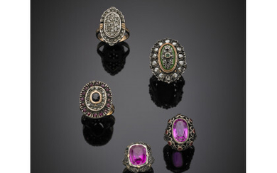 Lot of five silver and gold rose cut diamond and synthetic corundums rings, in all g 38.22.Read more