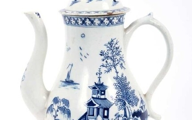 Lowestoft coffee pot and cover, with a curved spout and button finial, painted in blue with a Chinese river scene within diaper borders, 23.5cm high