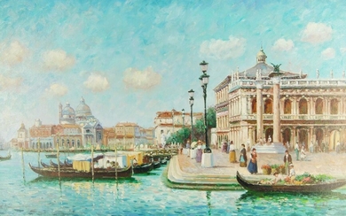 M. Pellet, European school, 20th century- Venetian scene; oil on canvas, signed 'M. Pellet' (lower right), bears label to the reverse of the frame, 60.5 x 92 cm