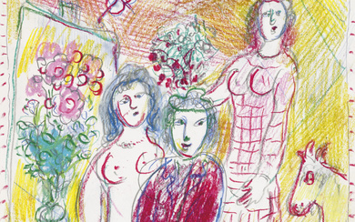 Marc Chagall (1887-1985) Visite dans l'atelier du peintre sur fond jaune