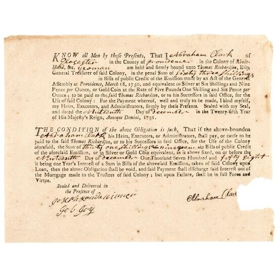 March 1750 Rhode Island Bills Of Credit Bond