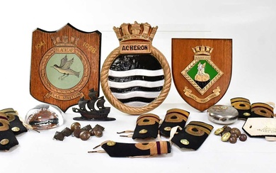 Maritime related objects to include two wooden crests, one 'RNAS...