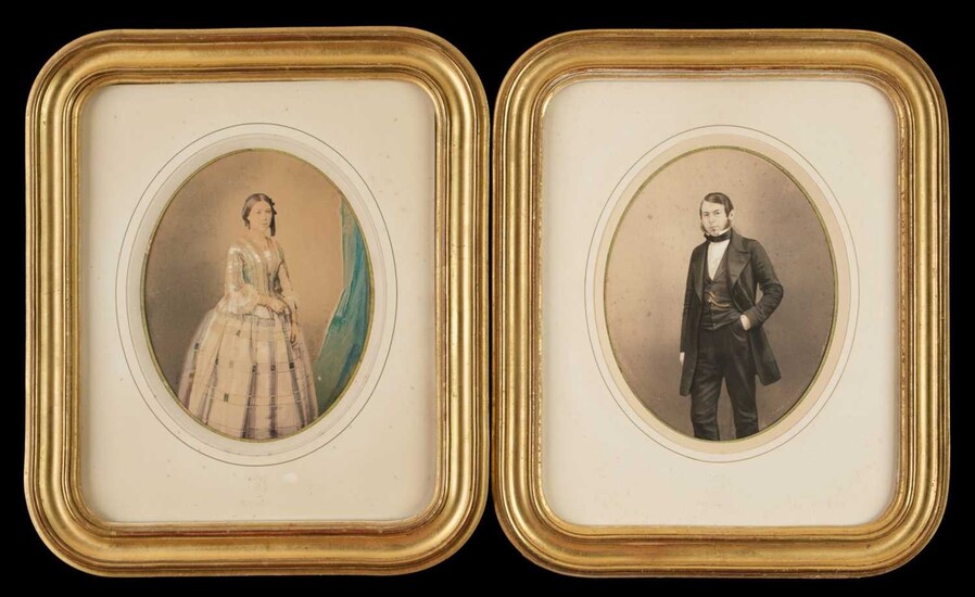 Mayer (Ernest & Pierson). A pair of colour-tinted salt prints of a young man and woman, c. 1855