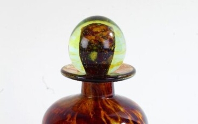Mdina art glass scent bottle, with bulbous stopper and amber coloured bottle, 16cm tall