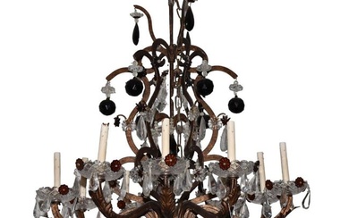 Metal Scrolling 9 Light Chandelier with Crystal Bobeches, Flowers & Prisms, 34"H x 36"dia