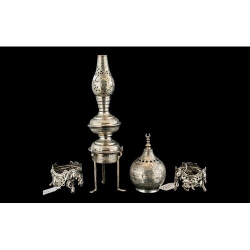 Middle Eastern Silvered Metal Sectional Oil Lamp, with Arabi...