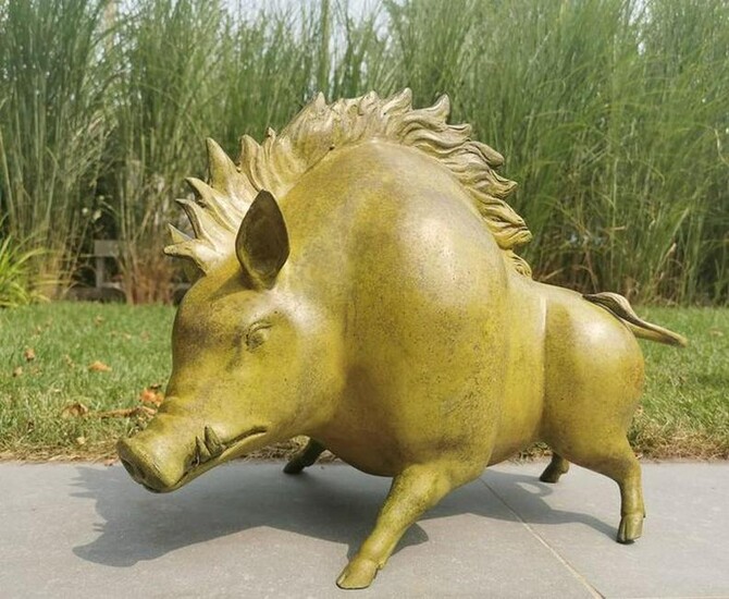Modern designed sculpture of a Wild pig - Patinated