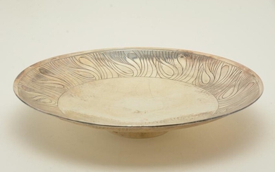 Modern footed round silver deep tray; hammered center