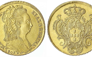 Monnaies et médailles d'or étrangères, Brésil, Marie Ier, 1786-1816, 6400 reis (peca) 1803 R, Rio...