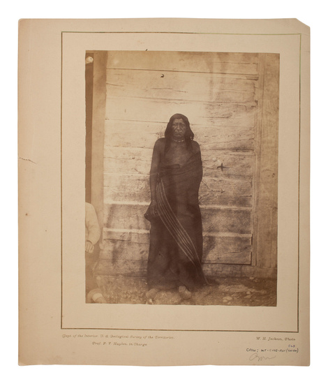 [NATIVE AMERICANS]. JACKSON, William Henry (1843-1942), photographer. Albumen photograph of Crow Chief Mit-Cho-Ash, or Old Onion. Hayden Geological Survey, [1871].