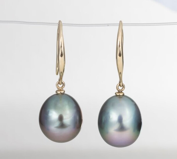 NO RESERVE PRICE - 10x11 mm Peacock Tahitian Pearl Drops - 14 kt. Yellow gold - Earrings