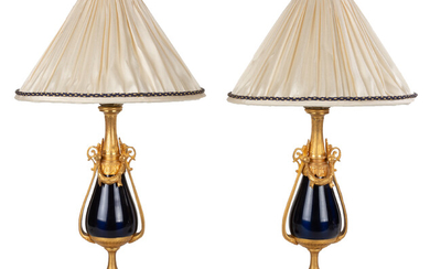 Napoleon III Ormolu, Belgian Marble and Blue Enameled Urn Lamps