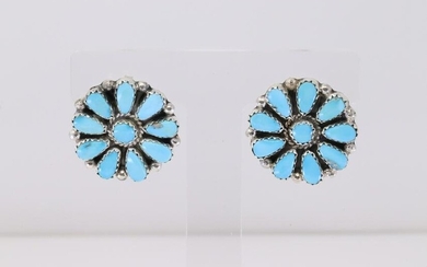 Native America Zuni Handmade Sterling Silver Sleeping Beuty Turquoise Post Earring's By Alicia