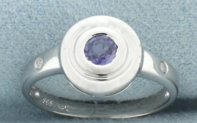 Natural Sapphire and Diamond Bezel Ring in 14k White Gold