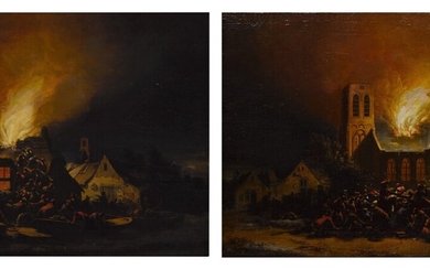 Nocturnal village fire scenes, a pair, Egbert Lievensz. van der Poel