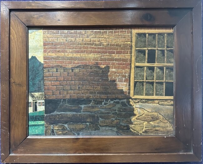 Oil painting of country building, unsigned, c1940