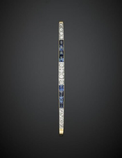 Old mine diamond and sapphire yellow gold bar brooch