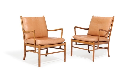 Ole Wanscher: “Colonial Chair”. A pair of valnut armchairs, loose cushions with natural leather. Manufactured by P. Jeppesen. (2)