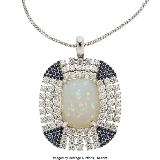 Opal, Sapphire, Diamond, White Gold Pendant-Necklace Stones: Full-cut diamonds...