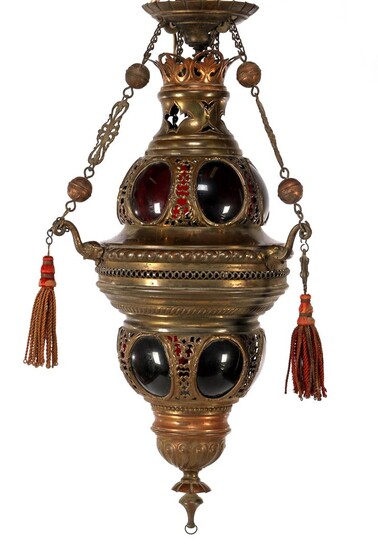 (-), Oriental copper hanging lamp with colored glass...
