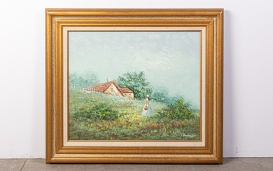 Original Oil Painting of a Pastoral Scene with Female Figure