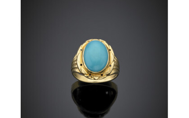 Oval cabochon turquoise reconstructed yellow gold ring, g 8.10 size 20/60.Read more