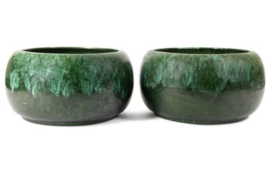 PAIR CALIFORNIA POTTERY GREEN GLAZED LOW PLANTERS