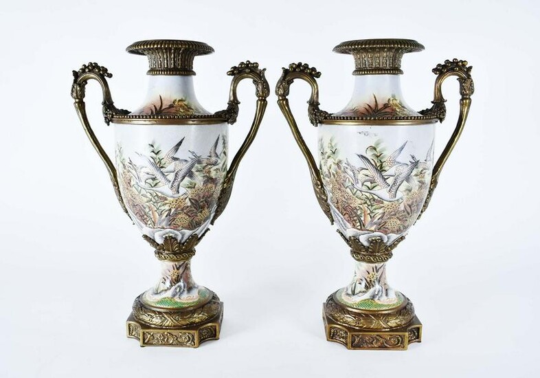 PAIR NEOCLASSICAL STYLE BRONZE-MOUNTED URNS
