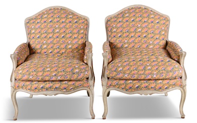 PAIR OF LOUIS XV STYLE CREAM PAINTED BERGERES 36 1/2 x 28 3/4 x 31 1/2 in. (92.7 x 73 x 80 cm.)