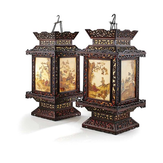 PAIR OF ZITAN AND REVERSE-PAINTED GLASS HANGING LANTERNS QING DYNASTY, 18TH-19TH CENTURY