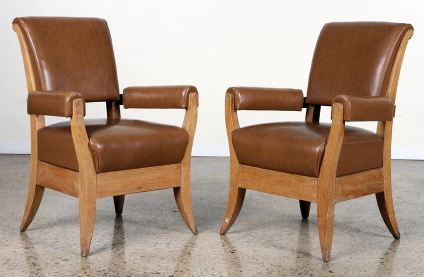 PAIR UPHOLSTERED FRENCH OAK ARM CHAIRS C. 1940