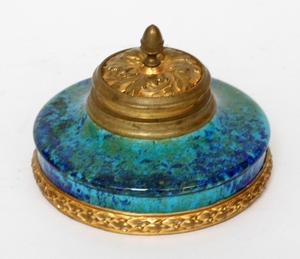 PAUL MILET SEVRES FRENCH FAIENCE BRONZE INK WELL DIA