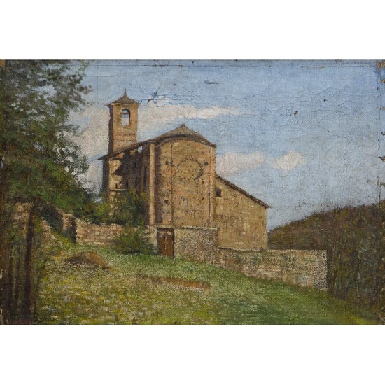 PITTORE DEL XX SECOLO, Paesaggio con chiesa, Olio su tela